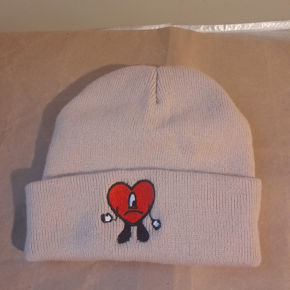 Kids Beige Heart Embroidered Beanie